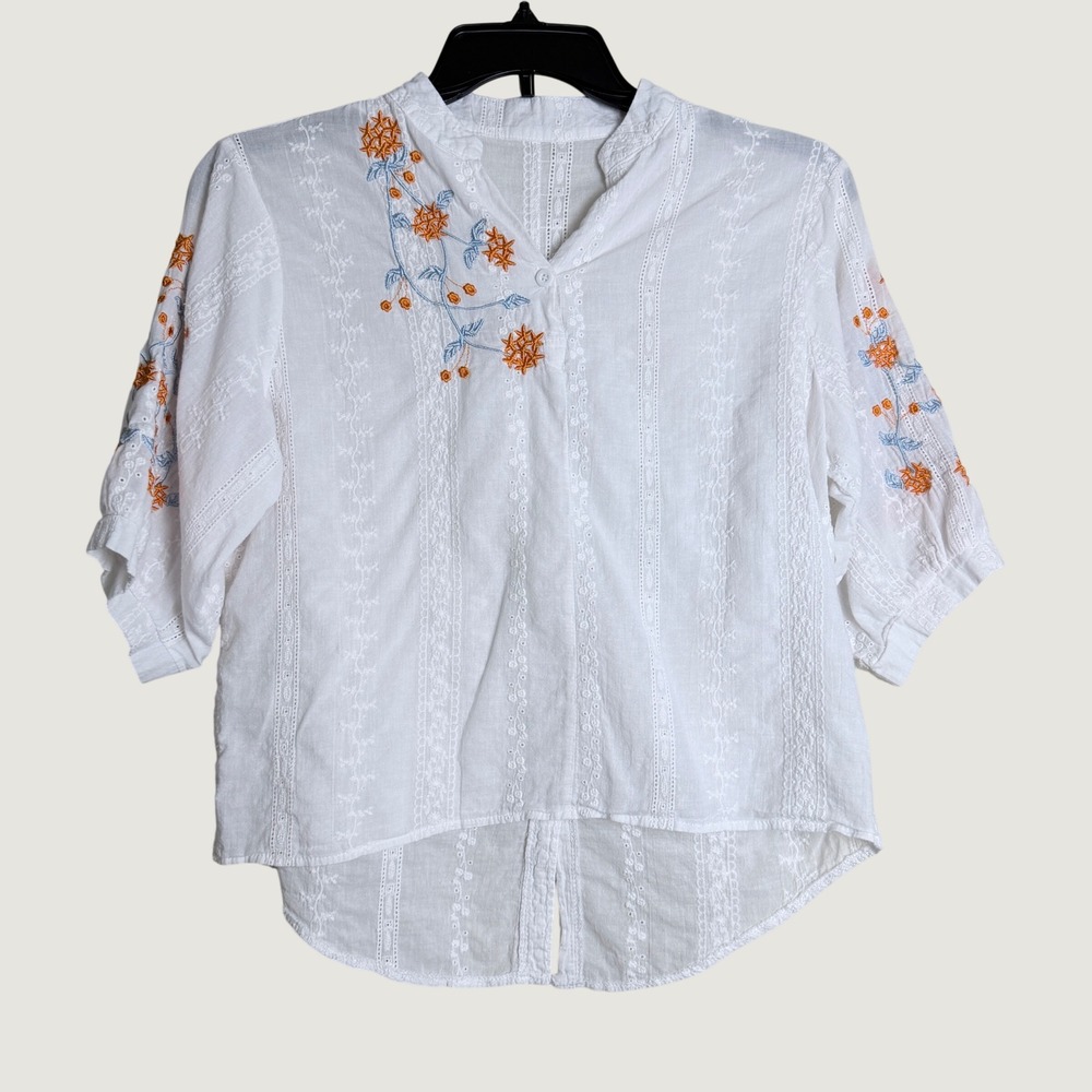 Embroidered Eyelet Blouse Women XL White Floral Boho Henley Cottagecore Peasant